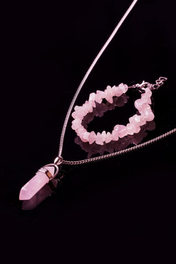 Taşmeran Pembe Kuvars Kırık Doğal Taş Bileklik Ve Doğal Taş Çivi Kolye Seti Tky0244 - Image 1