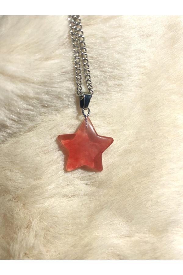 Taşmeran Gül Kuvars Doğal Taş Yıldız Kolye Tky0304 - Image 1