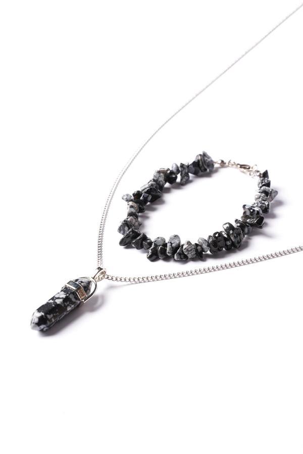 Taşmeran Obsidyen Kırık Doğal Taş Bileklik Ve Doğal Taş Çivi Kolye Seti Tky0250 - Image 1