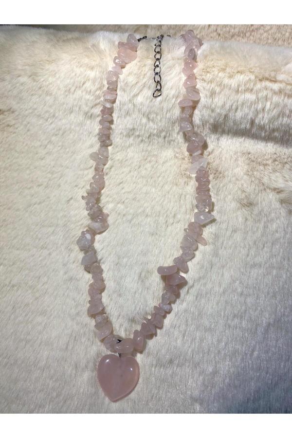 Taşmeran Pembe Kuvars Kalp Uçlu Kırıktaş Doğal Taş Kolye Tky0326 - Image 1