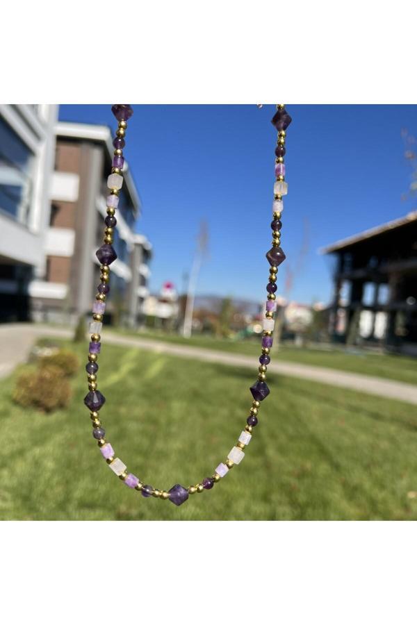 Taşmeran Ametist Karışık Doğal Taş Zincir Ayarlanabilir Kolye Tky0415 - Image 1