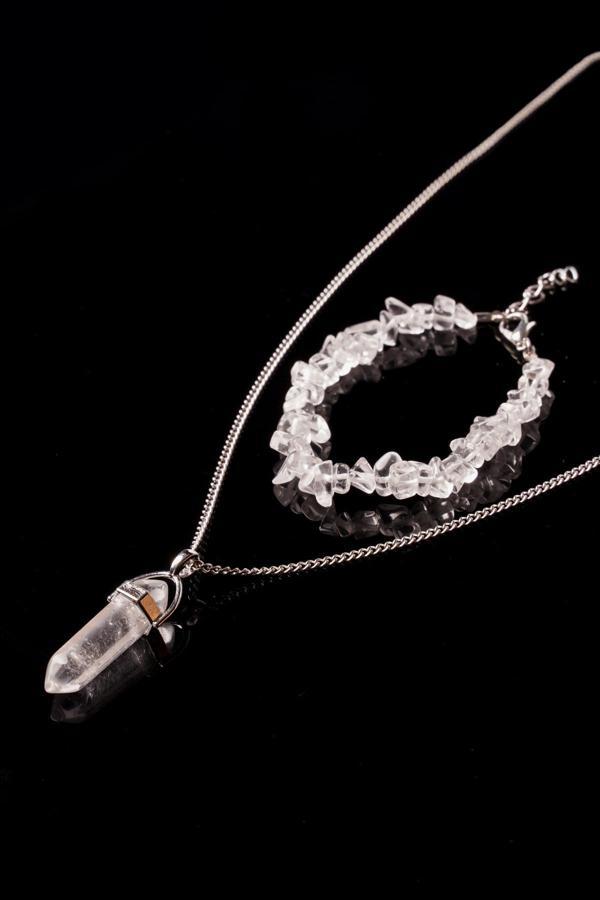 Taşmeran Kristal Kuvars Kırık Doğal Taş Bileklik Ve Doğal Taş Çivi Kolye Seti Tky0246 - Image 1