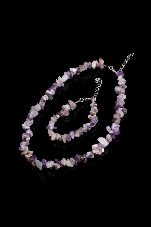 Taşmeran Ametist Kırık Doğal Taş Bileklik-Kolye Seti Tky0275 - Image 1