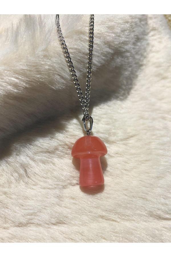 Taşmeran Gül Kuvars Doğal Taş Mantar Kolye Tky0311 - Image 1