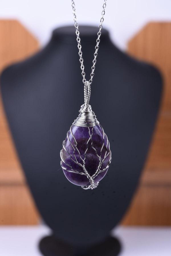 Taşmeran Ametist Doğal Taş Tel Sarmalı Damla Kolye Tky0335 - Image 1