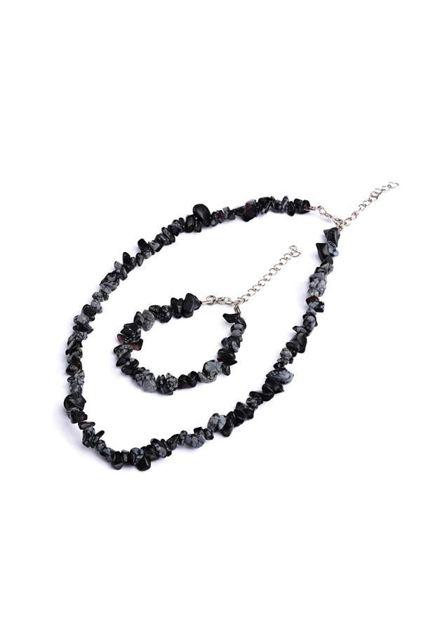 Taşmeran Obsidyen Kırık Doğal Taş Bileklik-Kolye Seti Tky0268 - Image 1