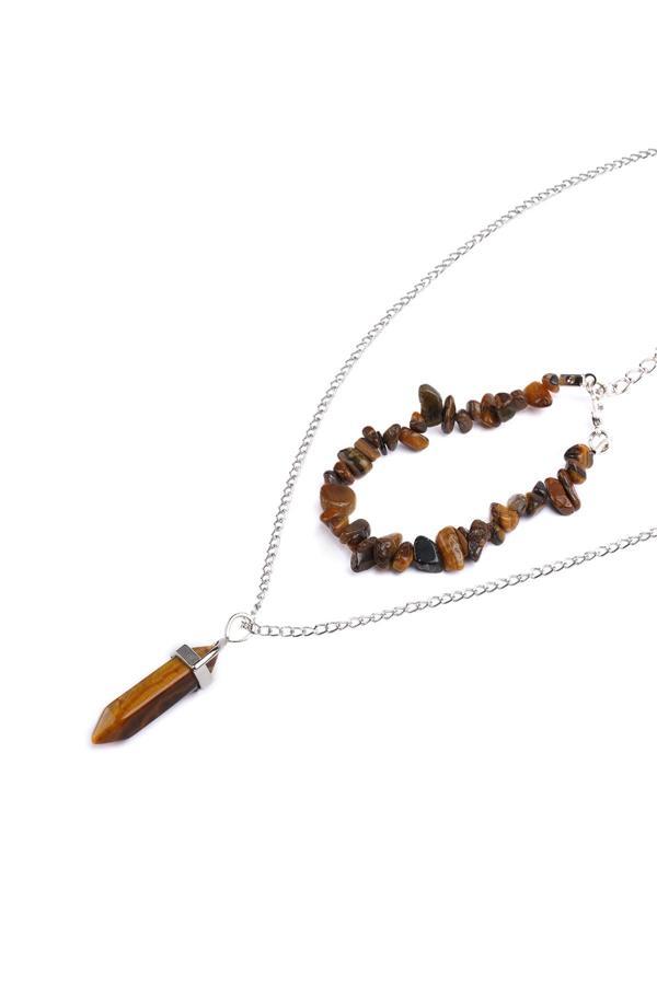 Taşmeran Kaplangözü Kırık Doğal Taş Bileklik Ve Doğal Taş Çivi Kolye Seti Tky0281 - Image 1