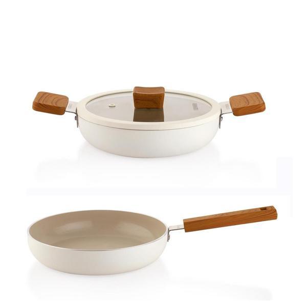 Schafer Ceramoni Seramik Tava 24 Cm ve 22 CM Kapaklı Sahan Seti – Krem - Image 1