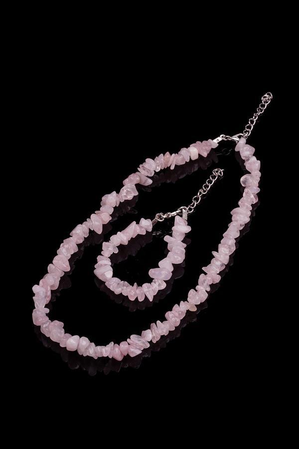 Taşmeran Pembe Kuvars Kırık Doğal Taş Bileklik-Kolye Seti Tky0273 - Image 1