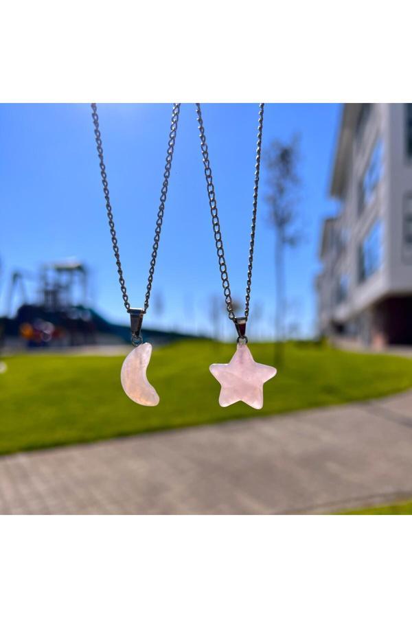 Taşmeran Pembe Kuvars Hilal Yıldız Doğal Taş Takım Kolye Tky0419 - Image 1