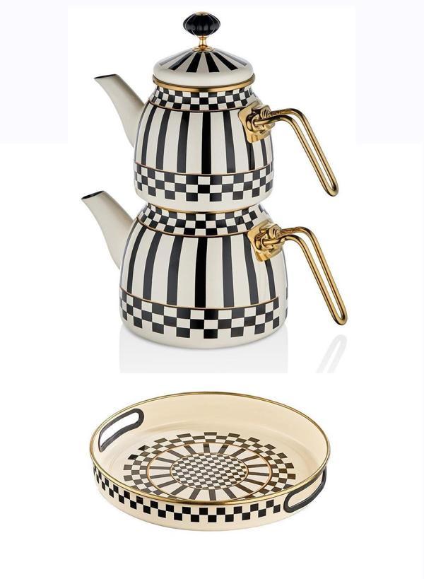 Prime Cream Emaye Servis Tepsisi – 28 CM ve Çaydanlık Takımı - Image 1