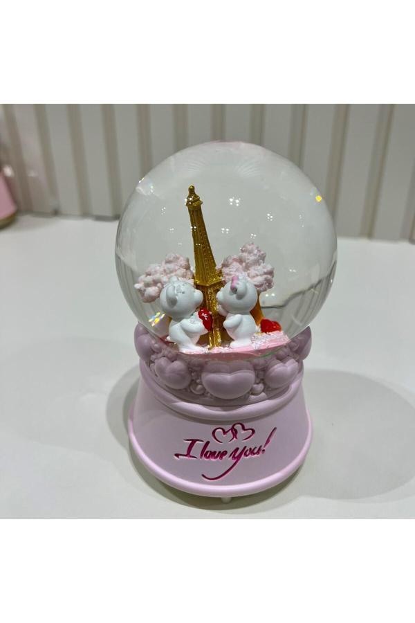 Taşmeran Paris Eyfel Kulesisevgili Ayıcıklı Işıklı Müzikli Orta Boy Kar Küresi Tky0402 - Image 1