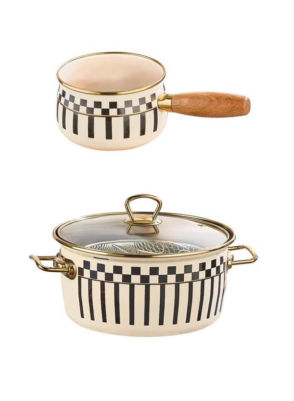 Prime Cream Emaye Kızartma Tenceresi – 22 CM ve Emaye Sütlük Sosluk 14 CM - Image 1