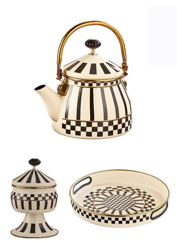 Prime Cream Emaye Bitki Çayı Demliği - Emaye Ayaklı Şekerlik ve Emaye Tepsi 28 CM - Image 1