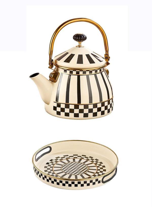 Prime Cream Emaye Bitki Çayı Demliği ve Emaye Servis Tepsisi 28 CM - Image 1