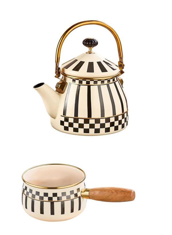 Prime Cream Emaye Bitki Çayı Demliği ve Emaye Sosluk Sütlük 14 CM - Image 1