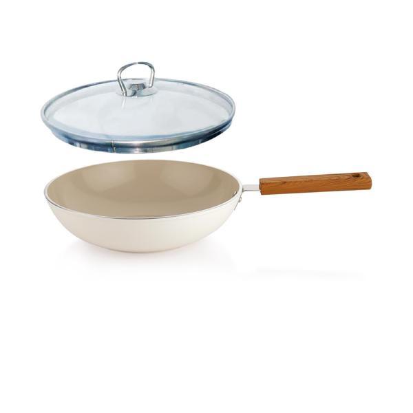 Schafer Ceramoni Seramik Wok Tava 28 Cm Cam Kapaklı-Krem - Image 1