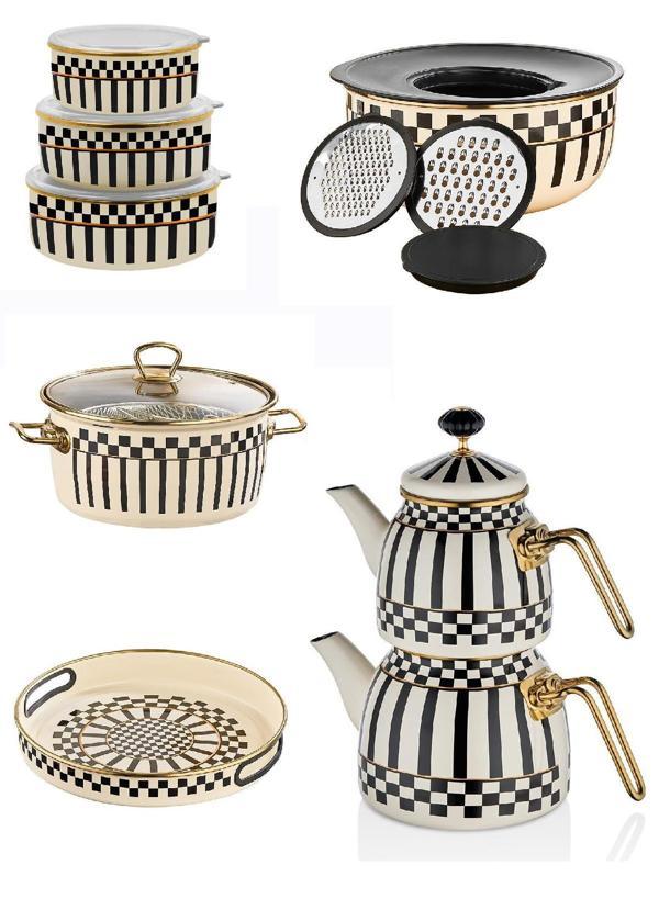 Emaye Çaydanlık  - Tepsi 28 CM -  Karıştırma Kabı - Kızartma Tenceresi ve 3lü Saklama Kabı - Image 1