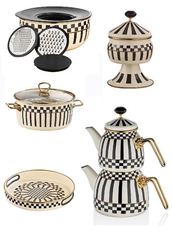 Emaye Çaydanlık - Ayaklı Şekerlik - Tepsi 28 CM -  Karıştırma Kabı ve Kızartma Tenceresi - Image 1