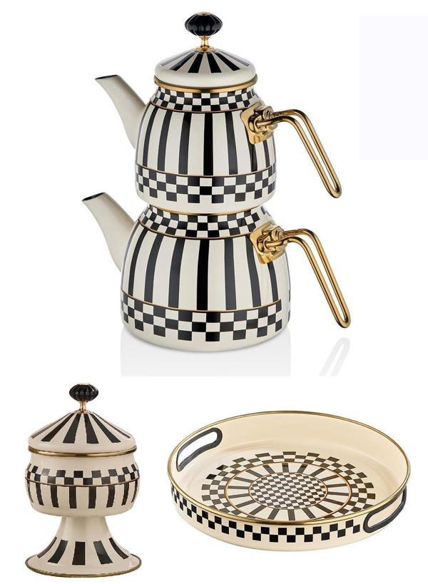 Prime Cream Emaye Çaydanlık Takımı - Emaye Ayaklı Şekerlik ve Emaye Tepsi 28 CM - Image 1