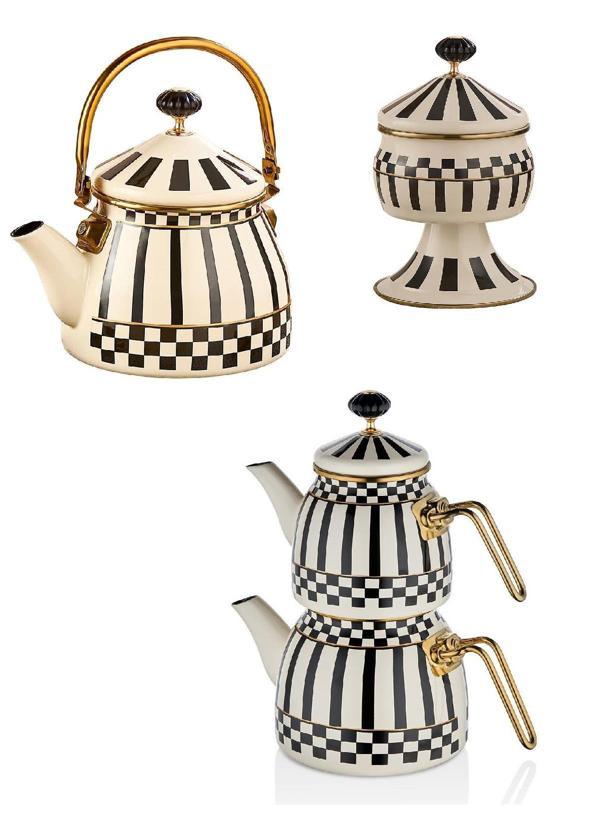 Prime Cream Emaye Bitki Çayı Demliği - Emaye Ayaklı Şekerlik ve Emaye Çaydanlık Takımı - Image 1