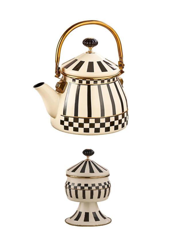 Prime Cream Emaye Bitki Çayı Demliği ve Emaye Ayaklı Şekerlik - Image 1