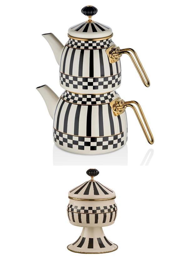 Prime Cream Emaye Çaydanlık Takımı ve Emaye Ayaklı Şekerlik - Image 1