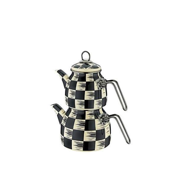 Burak Siyah-Beyaz Damalı Emaye Çaydanlık Siyah Kulplu - Image 1