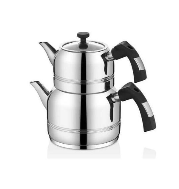 Oms Collection 8090 M Siyah 4 Parça Kuşaklı Çelik Çaydanlık Bakalit - Image 1