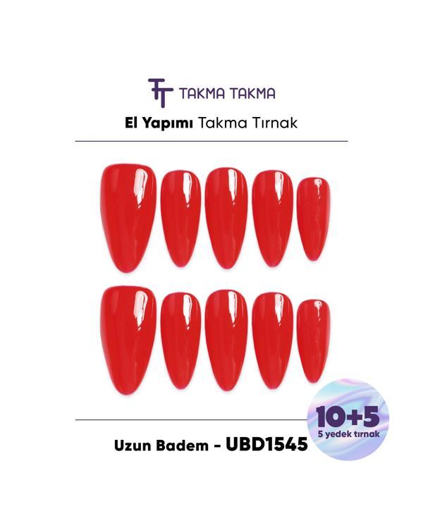 15'li Kırmızı Uzun Badem UBD1545 Tekrar Kullanılabilir El Yapımı Protez Takma Tırnak Kırmızı-M - Image 1