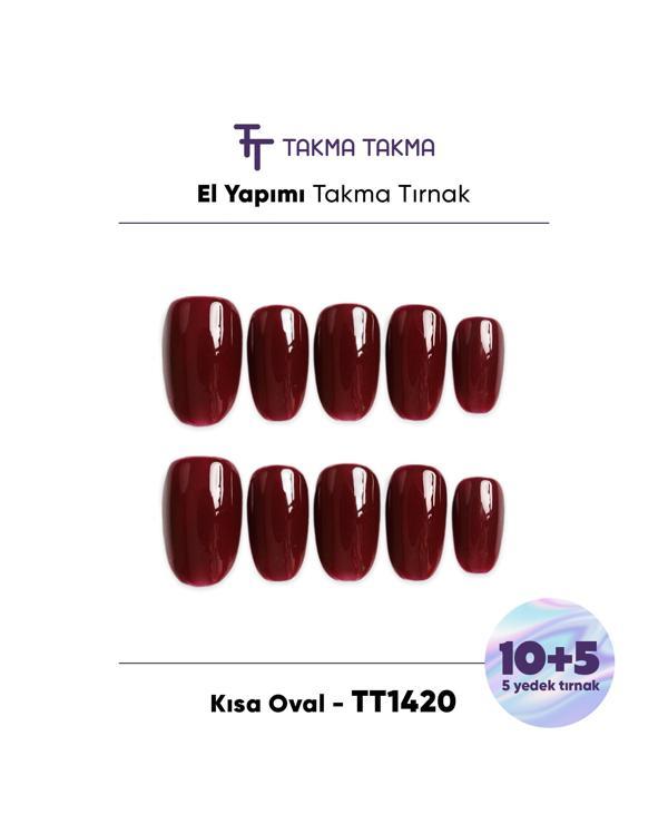 15'li Bordo Kısa Oval TT1420 Tekrar Kullanılabilir El Yapımı Protez Takma Tırnak Bordo-M - Image 1
