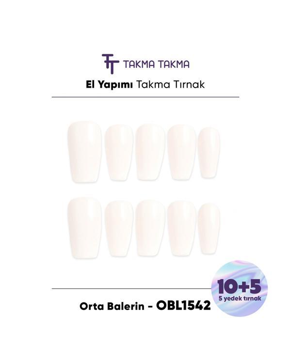 15'li Krem Rengi Orta Balerin OBL1542 Tekrar Kullanılabilir El Yapımı Protez Takma Tırnak Krem Rengi-Krem-M - Image 1