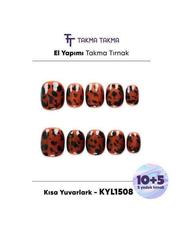 15'li Kahverengi Kısa Yuvarlak KYL1508 Tekrar Kullanılabilir El Yapımı Protez Takma Tırnak Kahverengi-S - Image 1