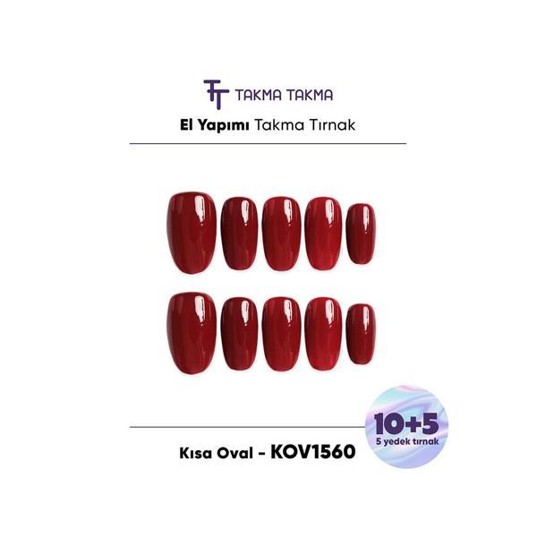 15'li Kırmızı Kısa Oval KOV1560 Tekrar Kullanılabilir El Yapımı Protez Takma Tırnak Bordo-L - Image 1