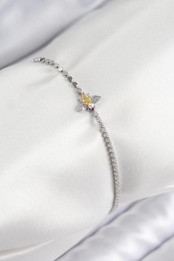 BFS Pirinç Zirkon Taşlı Arı Model Ezme Zincir Gümüş Renk Kadın Bileklik - Image 1