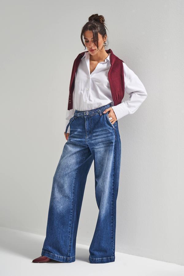 Kadın Mavi Renk 2w5-5 Süper Palazzo Fit Kemer Detaylı Denim Jean - Image 1