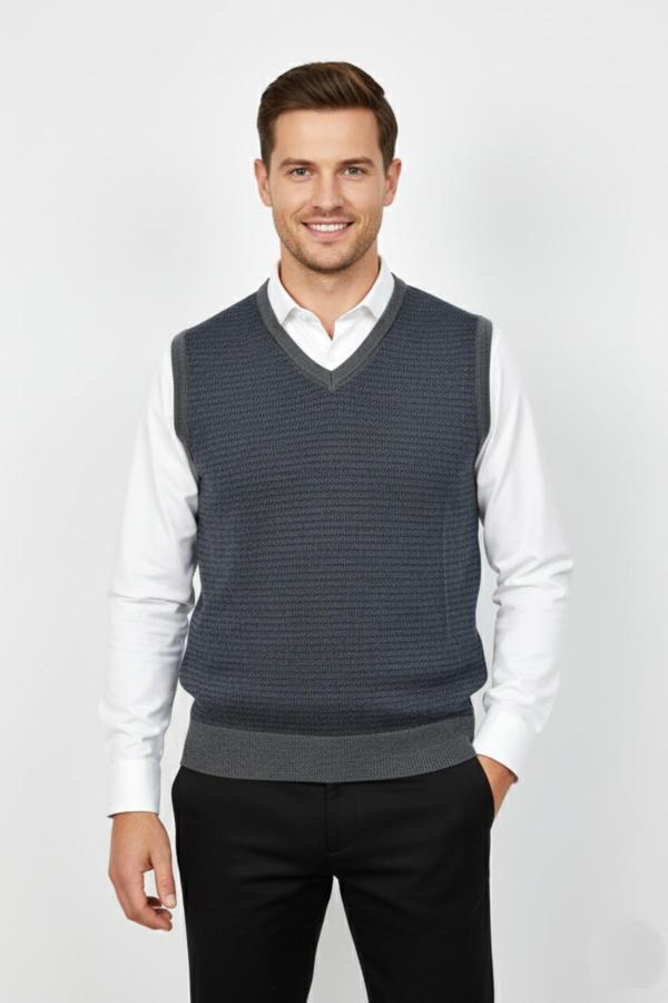 Erkek V Yaka Süveter  Çelik Örgü Regular Kalıp BGL-ST04840 - Image 1