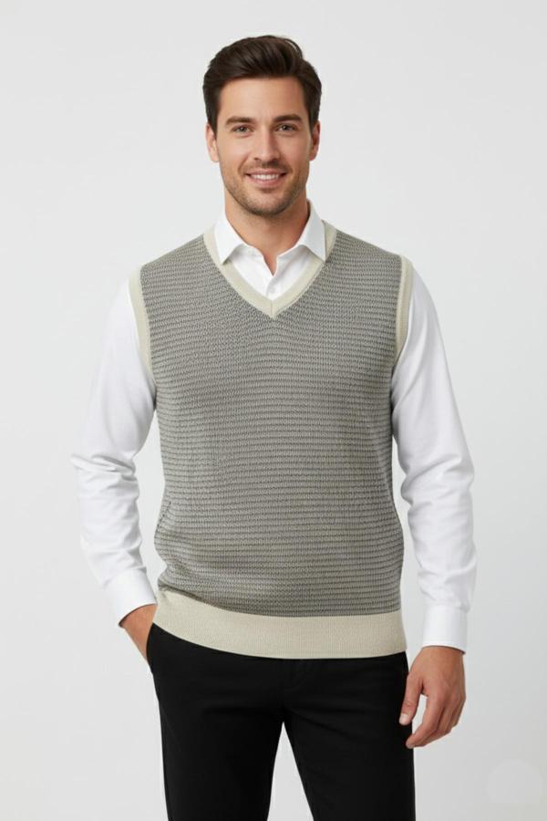 Erkek V Yaka Süveter  Çelik Örgü Regular Kalıp BGL-ST04840 - Image 1