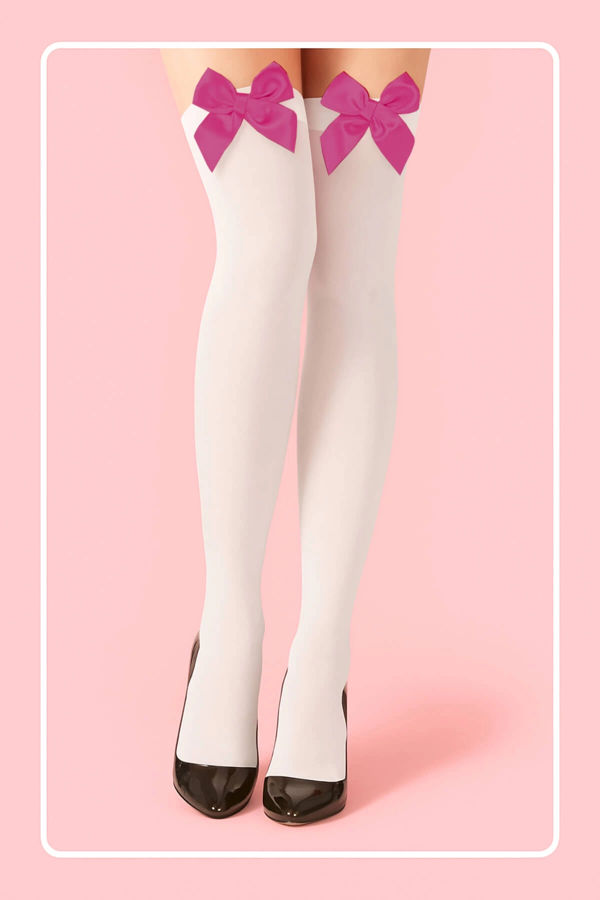 Fuşya Fiyonklu Beyaz Jartiyer Çorabı TM1379 - Image 1