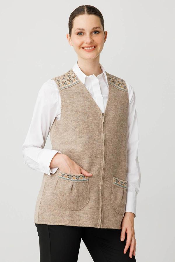 Desen Triko V Yaka Önü Keçe Fermuarlı Kısa Kadın Yün Yelek 25017 - Image 1