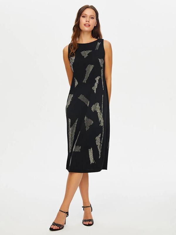 Faik Sönmez Önü Taş Baskı Detaylı Kolsuz Örme Kadın Abiye Elbise W26ABY011 - Image 1