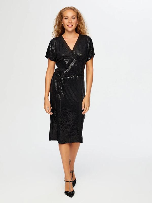 Faik Sönmez Şifon Garnili Kısa Kol V Yaka Payet Kadın Abiye Elbise UW26ABY014 - Image 1