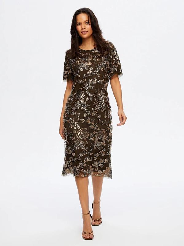 Faik Sönmez Boncuk Ve Payet İşli Çiçek Desenli Kısa Kollu Kadın Abiye Elbise UW26ABY008 - Image 1