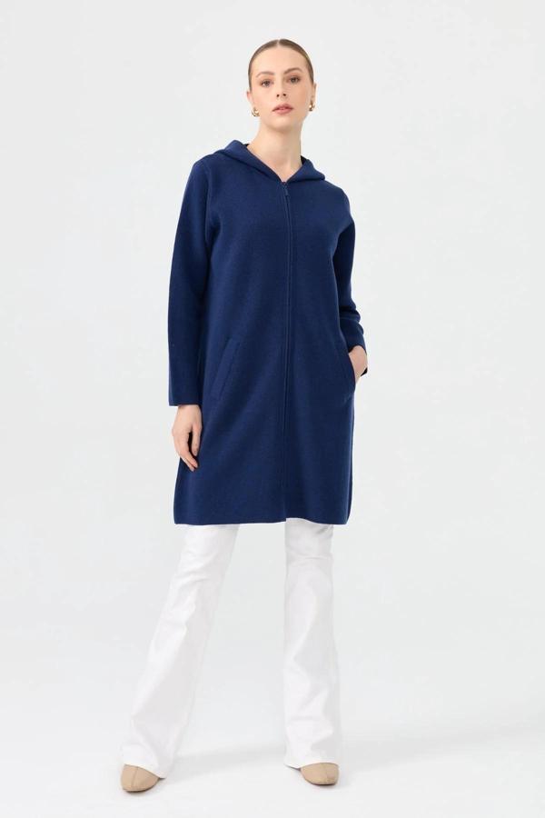 Desen Triko Kapüşonlu Fermuarlı Basic Uzun Kadın Yün Hırka 24044 - Image 1