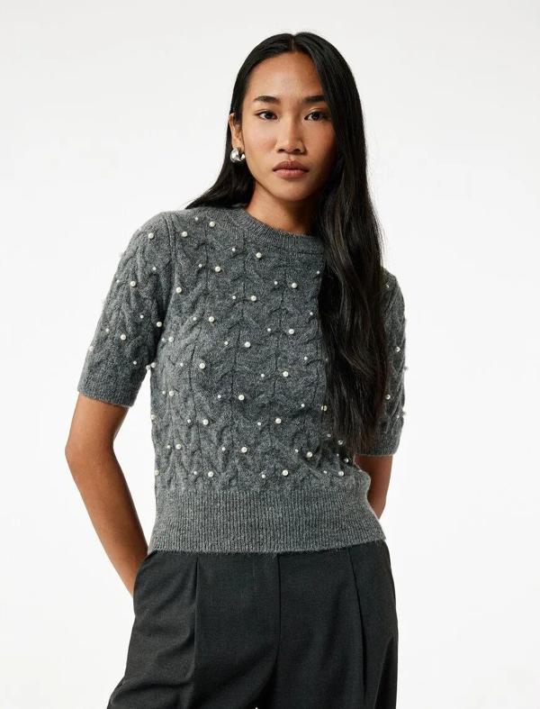 Koton İnci İşleme Detaylı Bisiklet Yaka Saç Örgü Kadın Kazak 6WAK90061HT - Image 1