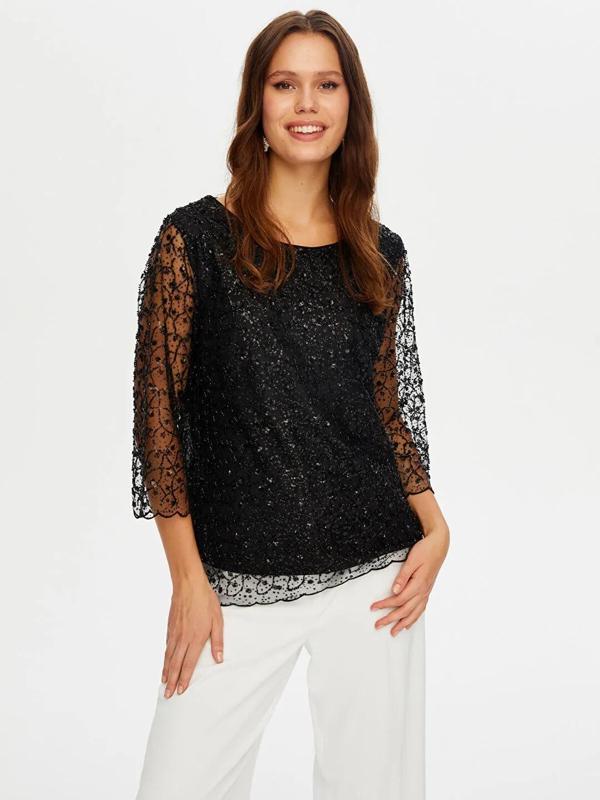 Faik Sönmez Boncuk İşli Kayık Yaka Kadın Abiye Bluz W26BLZ001 - Image 1