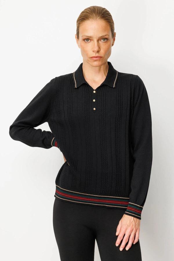 Desen Triko Polo Yaka Simli Çizgili Kadın Yün Bluz 25080D - Image 1