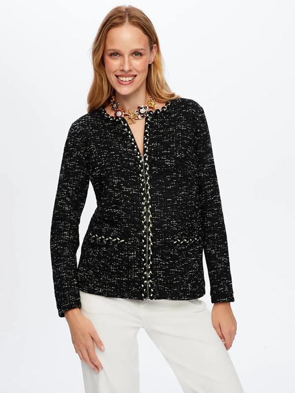 Faik Sönmez Saçaklı Şerit Detaylı Örme Melanjlı Kadın Ceket UW26CKT016 - Image 1