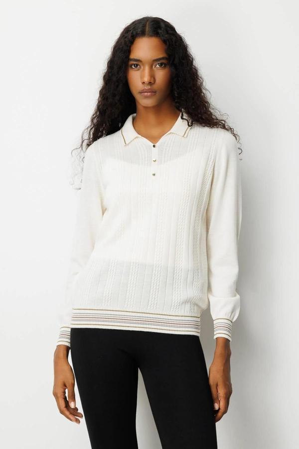 Desen Triko Polo Yaka Simli Çizgili Kadın Yün Bluz 25080D - Image 1