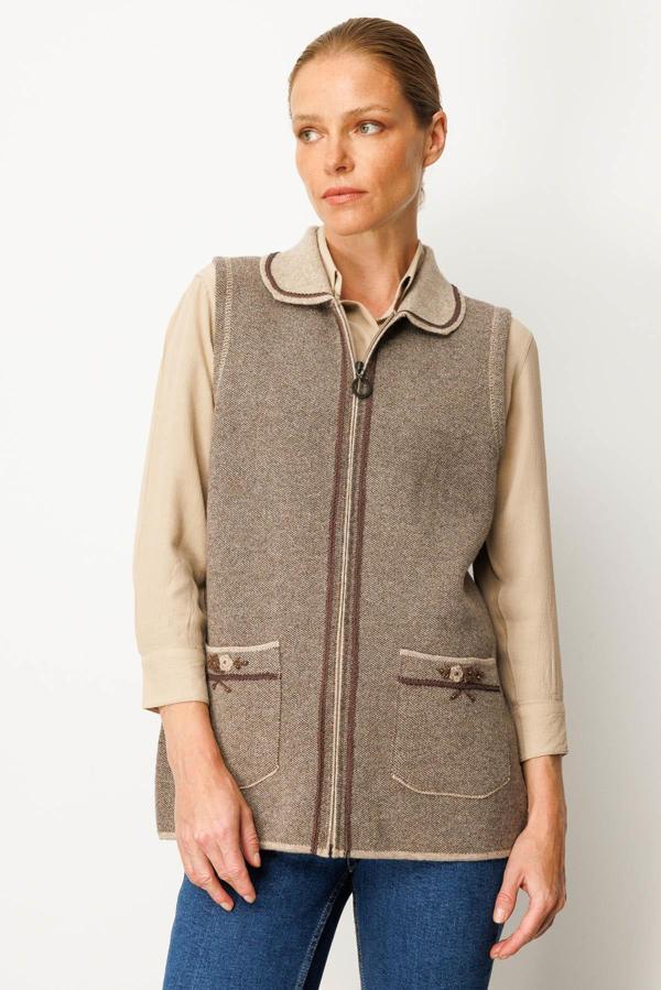 Desen Triko Polo Yaka Yakası Nakış İşlemeli Kadın Yün Yelek 25031 - Image 1